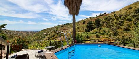 Una piscina con muelle de madera, sillas de descanso y una palmera.