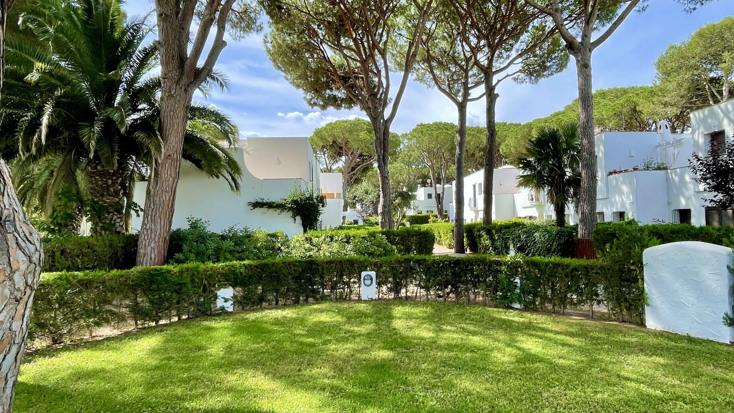 A well-maintained garden with manicured lawns, mature trees, and white buildings in the background.