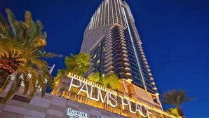 A tall, modern building with a prominent 'PALMS' sign at the base. - One Bedroom | 1.5 Baths & Living Room | Jet Tub – Palms Place StripSuite- NO RESORT FEE (Las Vegas)