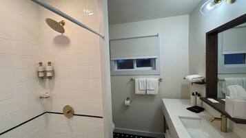 Hair dryer, towels, soap, toilet paper