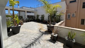 Terrassa al terrat amb plantes en testos, sòl de rajola i edifici amb finestres i balcons.