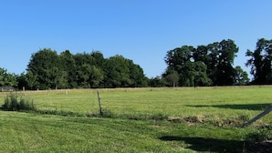 Un campo cubierto de césped con una cerca, árboles y un edificio al fondo.