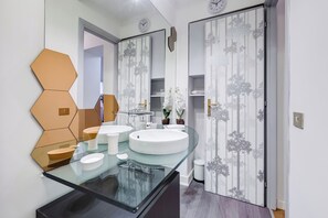 Shower, hair dryer, bidet, towels