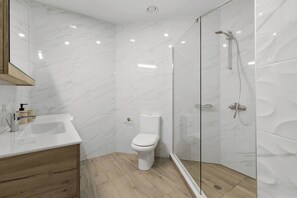 Shower, hair dryer, towels, shampoo