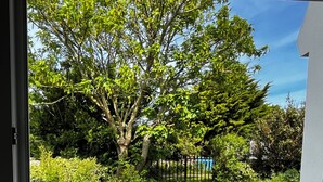 A garden with a table and chairs, a tree, and a fence.