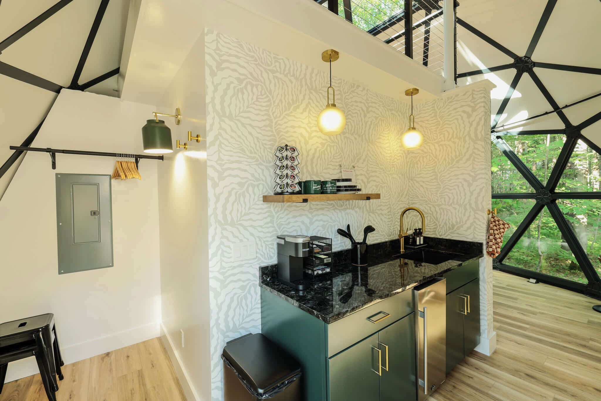 Microwave, coffee/tea maker, toaster, cookware/dishes/utensils