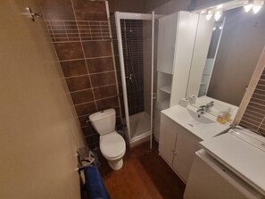 Baño con inodoro, ducha, lavamanos y espejo.