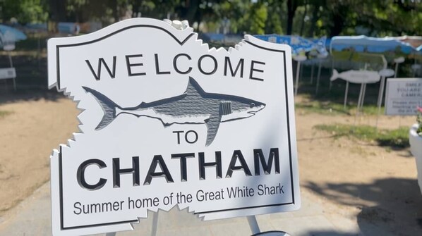 A welcome sign for Chatham with a shark graphic.