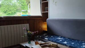 Um quarto acolhedor com radiador de madeira, janela com vista para vegetação, estante de livros e sofá com almofada estampada.