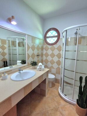 Shower, hair dryer, towels, soap