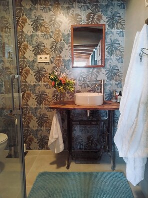 Shower, hair dryer, towels, soap