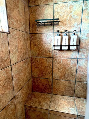 Douche, sèche-cheveux, serviettes fournies, savon