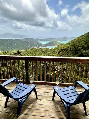 A wooden deck with two blue lounge chairs and a glass of white wine, overlooking a lush landscape with mountains and a turquoise bay. - NEW LISTING! Your Private Paradise on St. John’s Beautiful Bordeaux Mountain (St John)