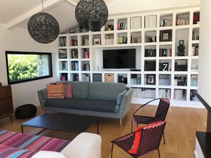 Smart TV, fireplace, video games, DVD player