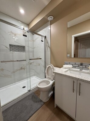 Hair dryer, towels, soap, toilet paper