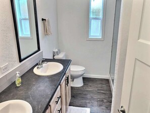 Shower, hair dryer, towels