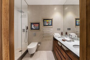 Shower, hair dryer, towels