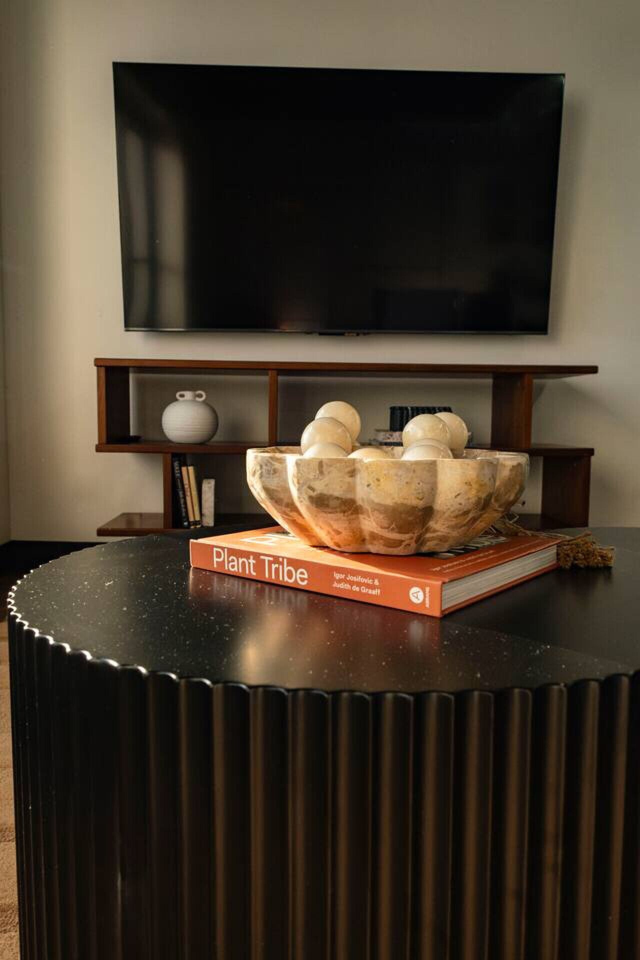 A modern living room with a black round table, a large bowl of decorative stones, a book titled 'Plant Tribe', and a flat-screen TV mounted on the wall.