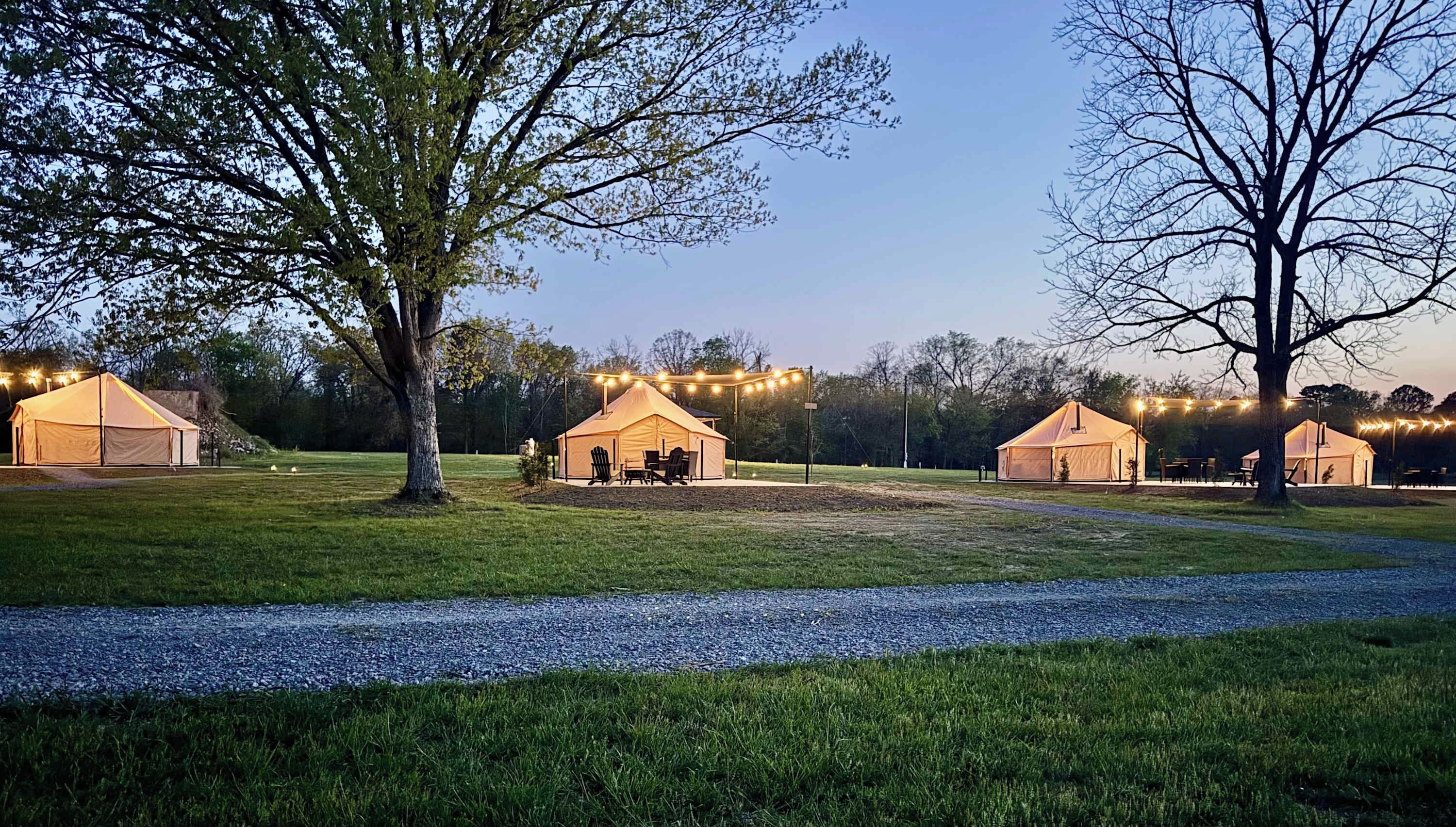 A campsite with three tents, each with a table and chairs, and string lights overhead.