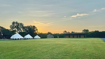 A grassy field with three white tents and a building in the background.