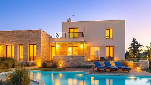 A modern house with a swimming pool, two balconies, and a well-lit exterior. - Villa Flavia - Luxury Retreat (Polignano a Mare)