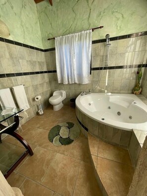 Douche, baignoire à jets, serviettes fournies, savon
