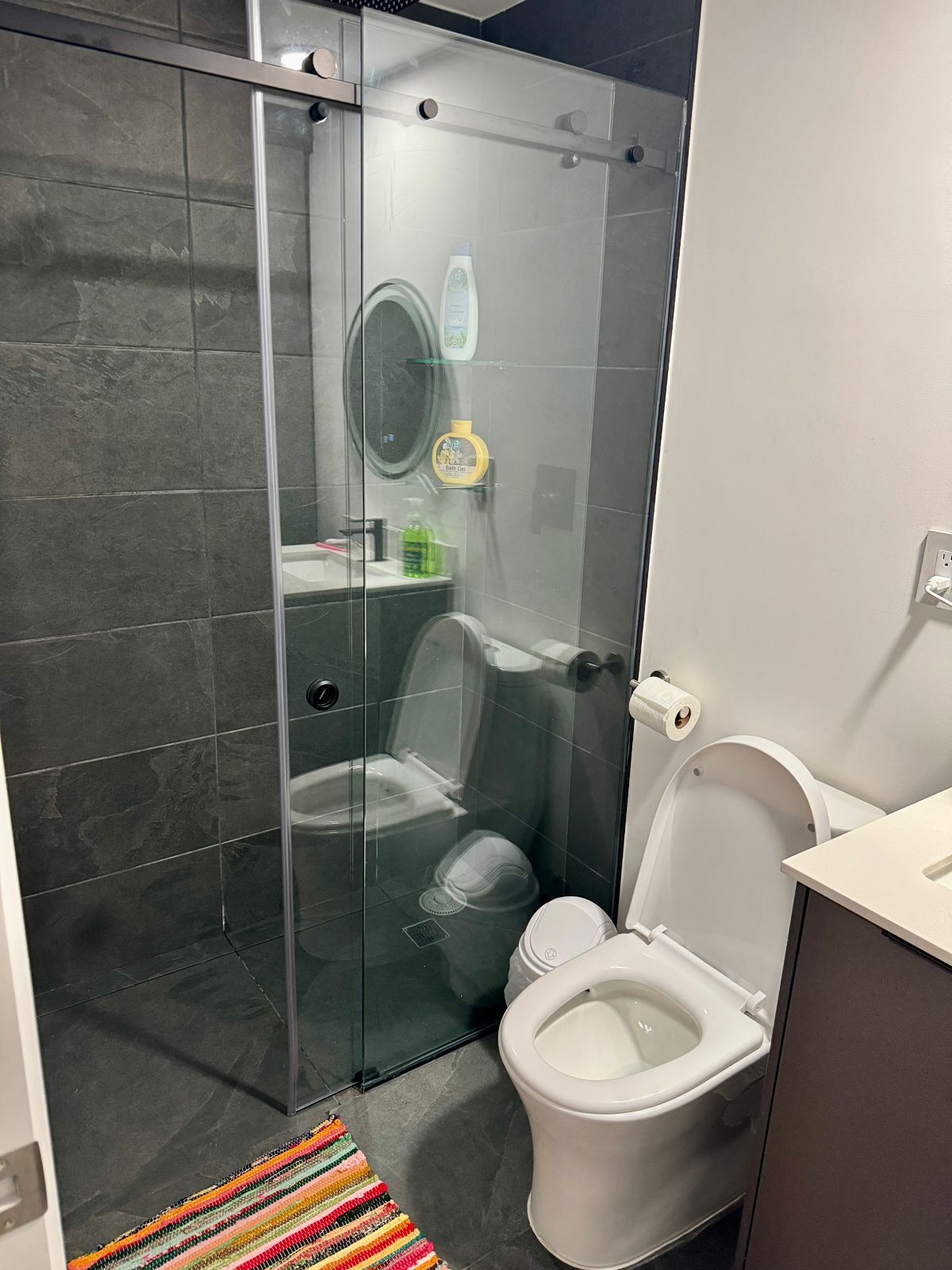 A modern bathroom with a glass-enclosed shower, a white toilet, and a sink.