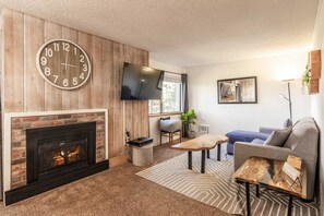 TV, fireplace, DVD player, table football