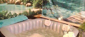 Quiet studio with pool table and spa, pets welcome.