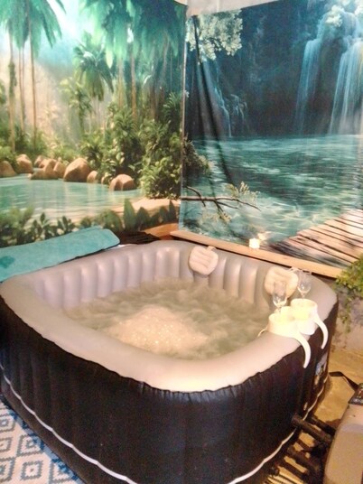Quiet studio with pool table and spa, pets welcome.