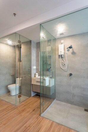 Shower, hair dryer, bidet, towels
