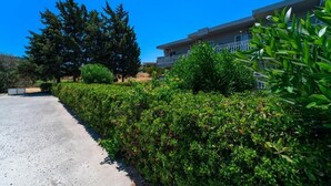 Un edifici modern amb un carrer empedrat i vegetació ben cuidada.
