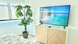 Una habitación moderna con un televisor de pantalla plana grande sobre un mueble blanco, una planta en maceta y una alfombra estampada.