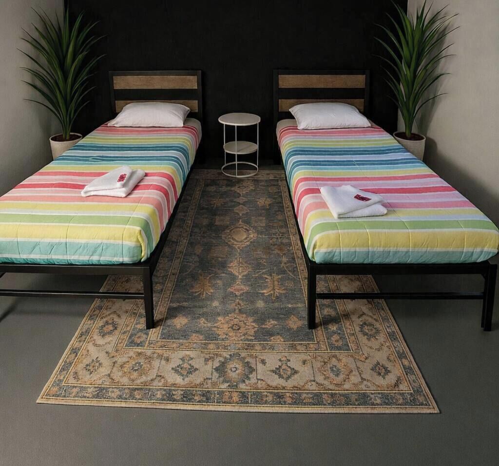 A room with two beds, each with a striped bedspread and white pillows. There are two potted plants, one on each side of the beds. A small round table is placed between the beds.