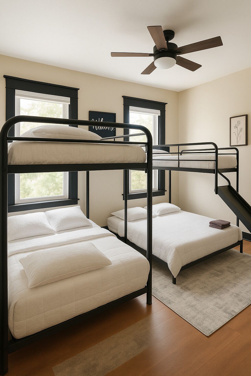 Une chambre avec un lit superposé, un ventilateur de plafond, de grandes fenêtres et un tableau encadré au mur.