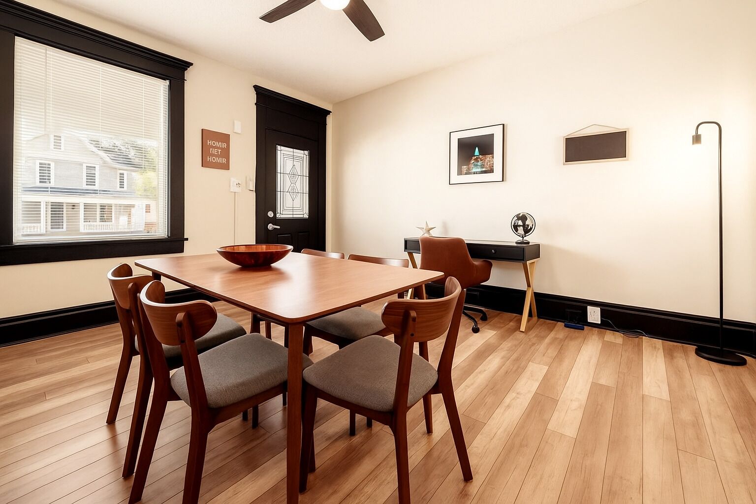 A dining area with a wooden table and chairs, a black door, and a window with blinds.