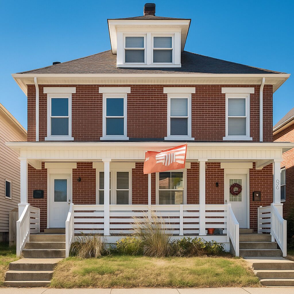 Une maison à deux étages, construite en briques, avec un porche à l’avant, un drapeau et une boîte aux lettres.
