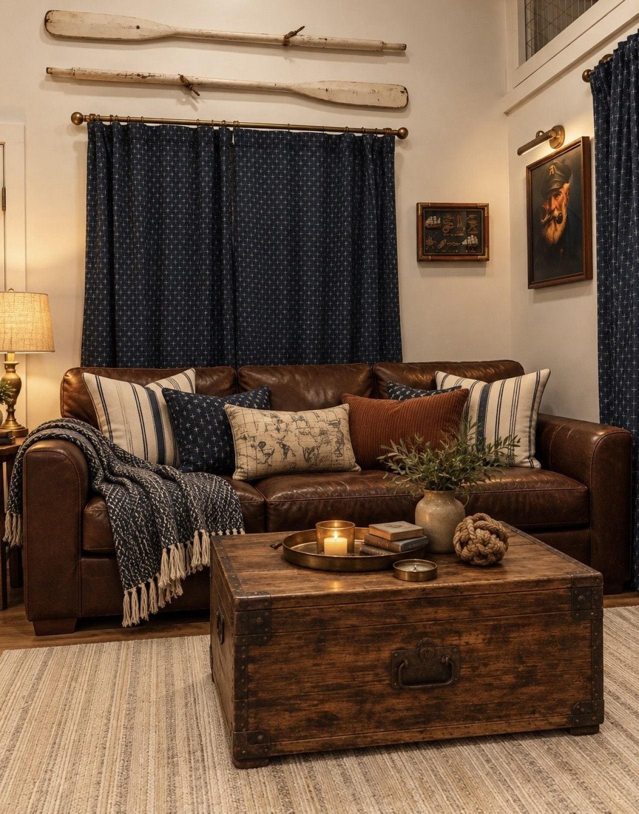 A cozy living room with a brown leather sofa, patterned cushions, a rustic wooden coffee table with a candle, and a blue curtain with a star pattern.