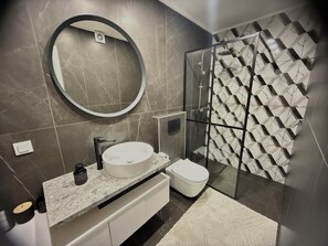 Ducha, secador de pelo, toallas, jabón