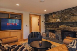 Televisión, chimenea, libros y estéreo