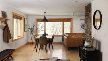TV, fireplace, books, stereo