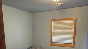 A bedroom with a single bed, a window with blinds, a ceiling light, and a carpeted floor.