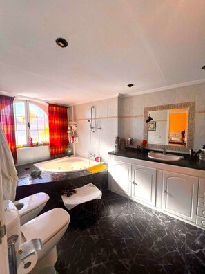 Een douche, een bubbelbad, een haardroger, een bidet