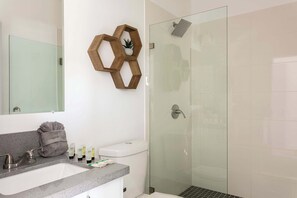 Shower, hair dryer, towels, shampoo