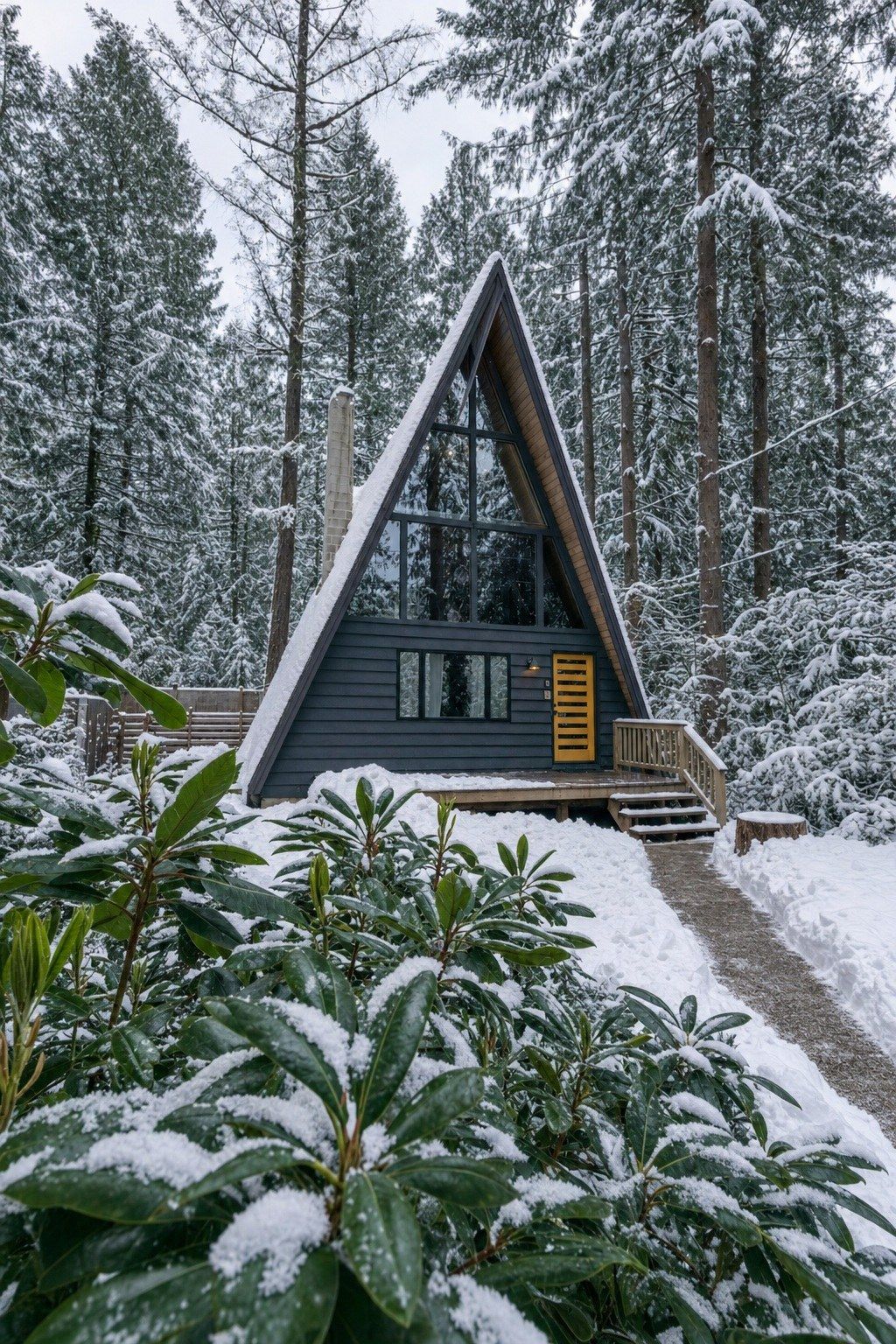 Eine Hütte mit einem dreieckigen Dach, umgeben von schneebedeckten Bäumen.