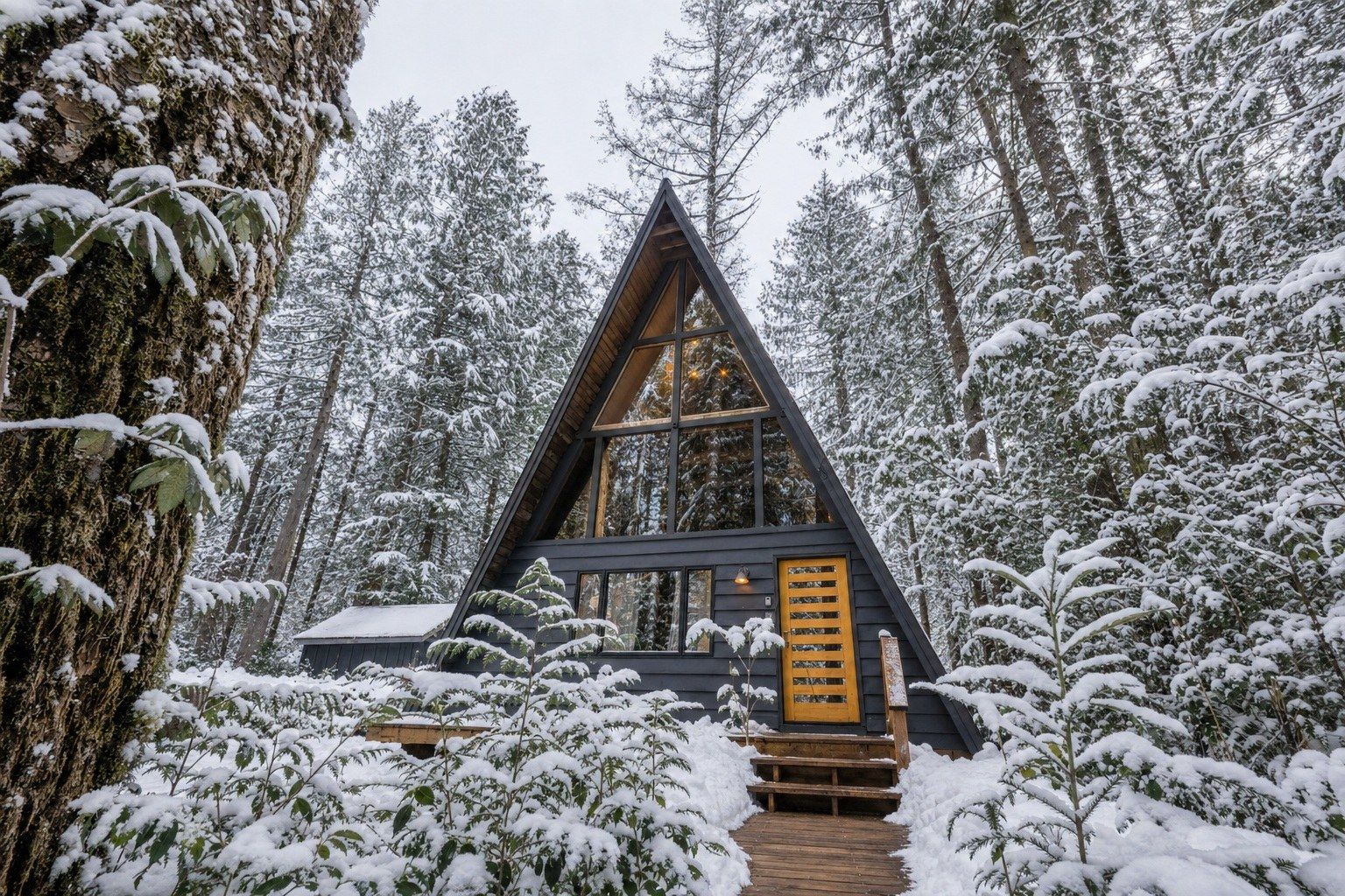 A-frame cabin exterior surrounded by trees.