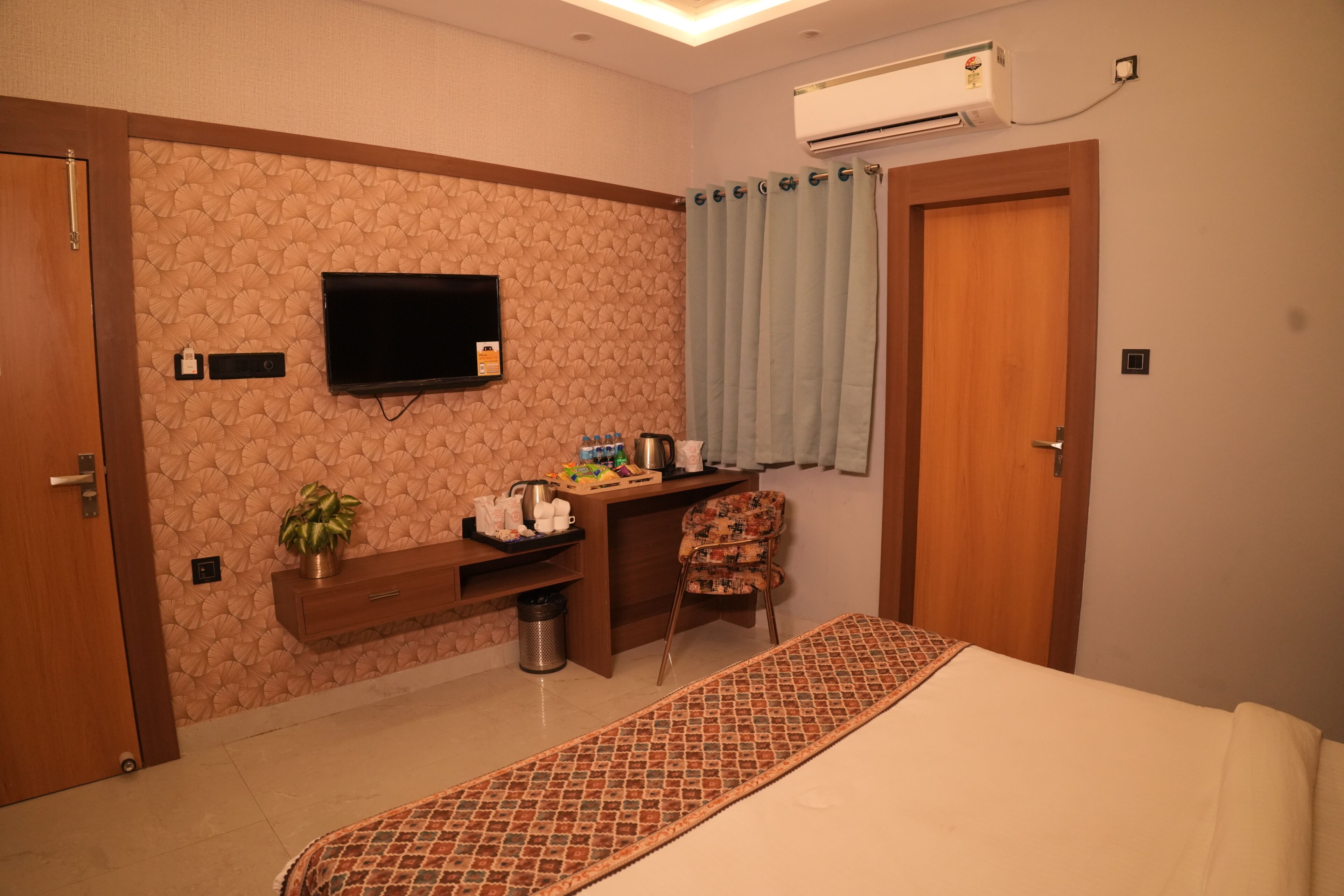A hotel room with a bed, a TV, a desk with a chair, a plant, and an air conditioning unit.