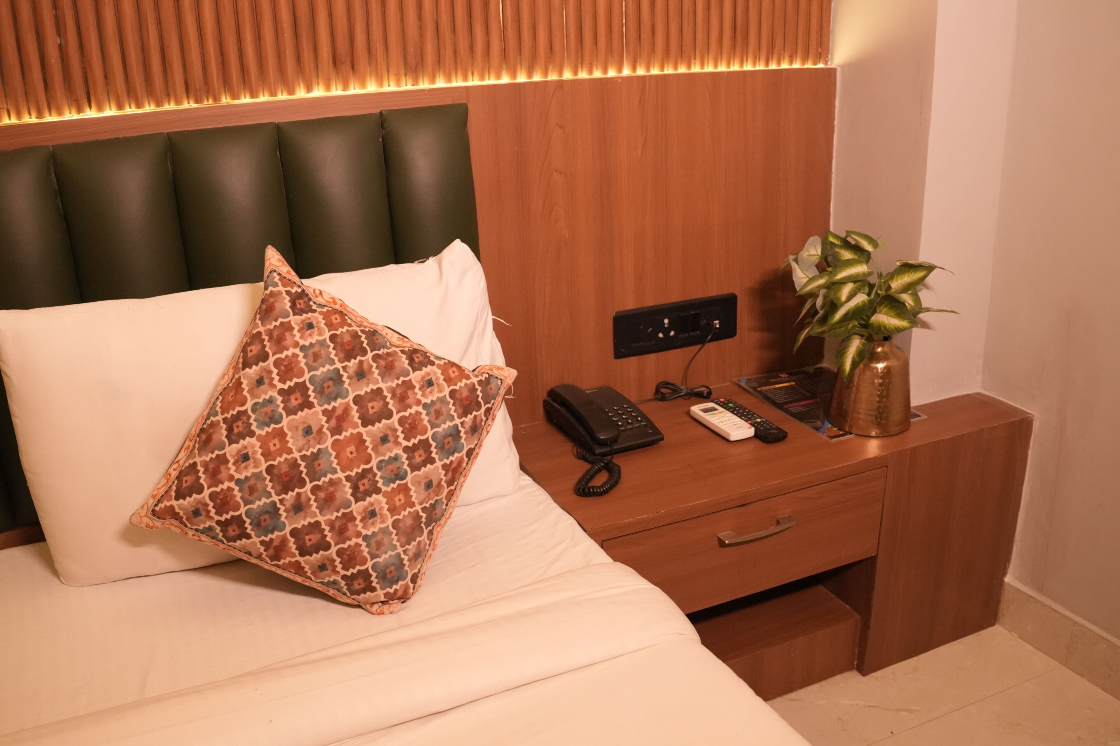 Habitación de hotel con cama, mesita de noche con teléfono, una planta y cabecero de madera.