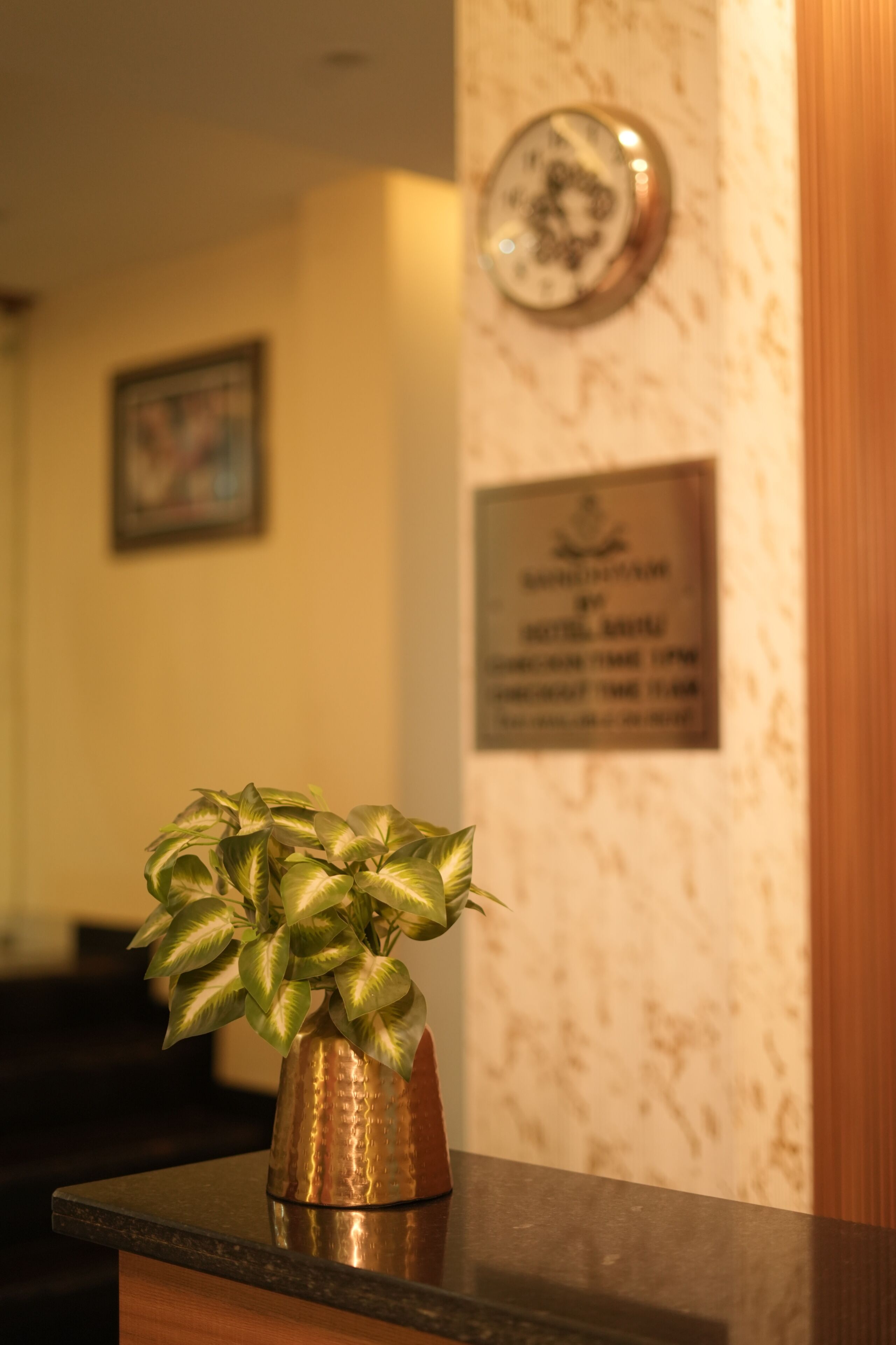 A reception area with a potted plant on a counter, a clock, and a plaque on the wall.