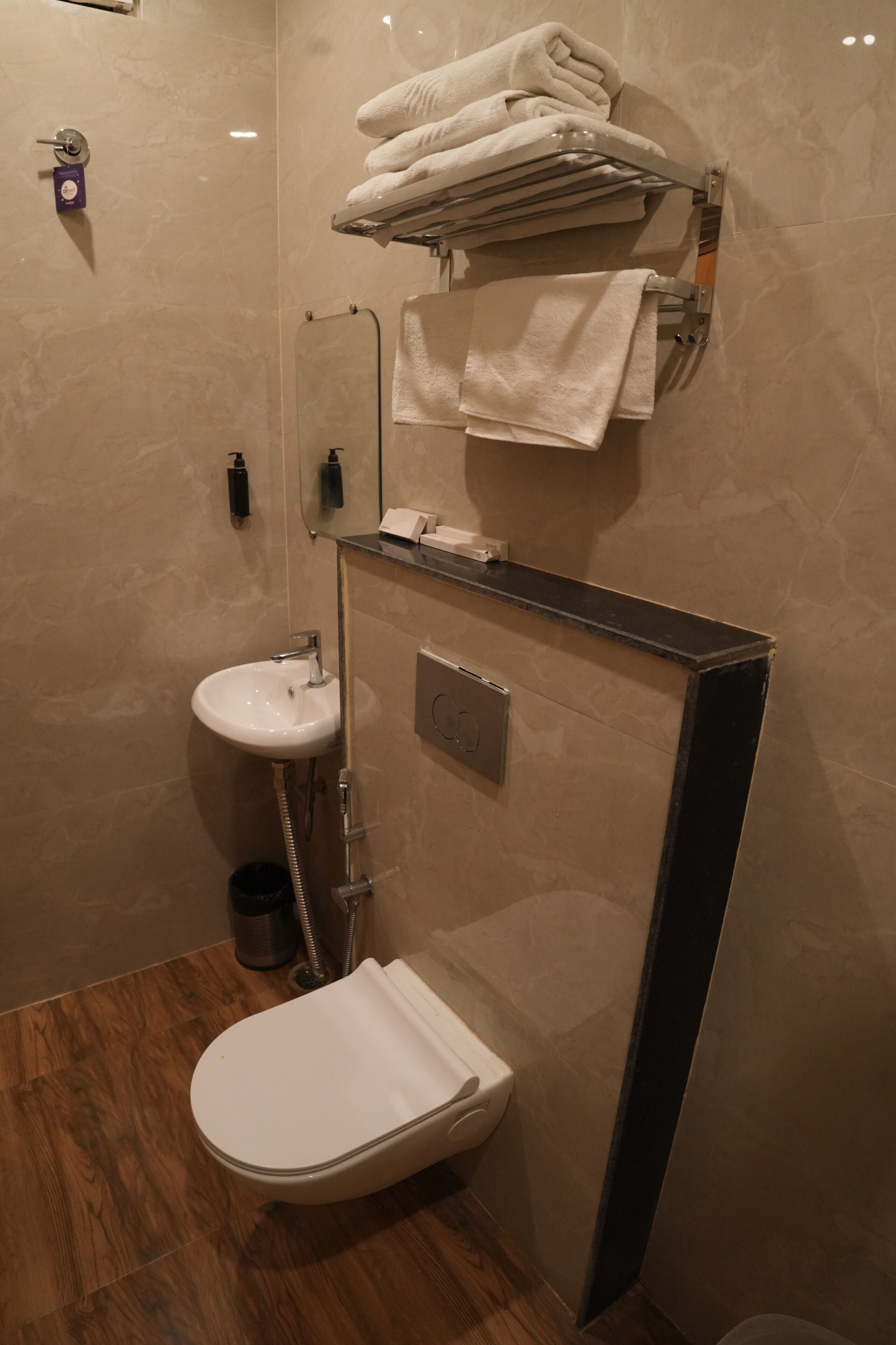 A bathroom with a toilet, sink, and towel rack.